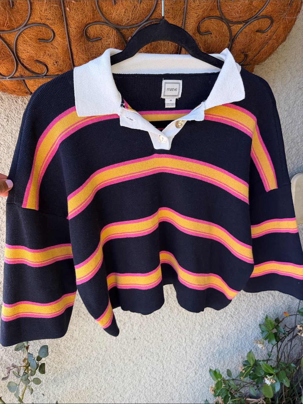 Maeve Anthropologie Striped Rugby Polo knit top Black Pink Gold XS nwot